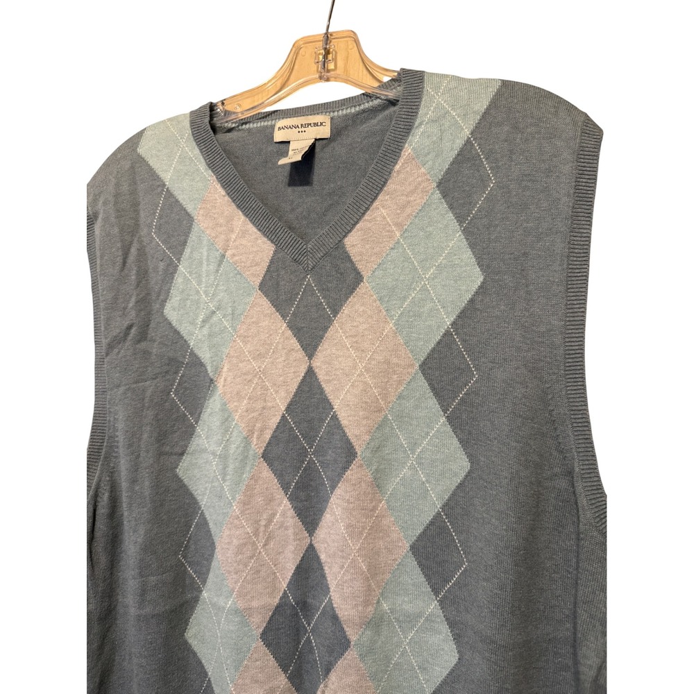 Banana Republic Mens XL Argyle V-Neck Sweater Vest Blue Cotton Knit Sleeveless